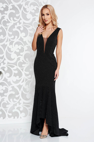 Rochie Artista neagra de ocazie din material usor elastic cu fir lame cu bust buretat si volanase la baza rochiei