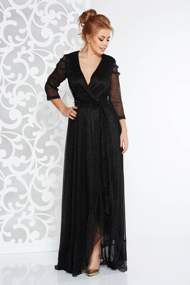 Rochie Artista neagra de ocazie din material lucios cu fir lame captusita pe interior accesorizata cu cordon