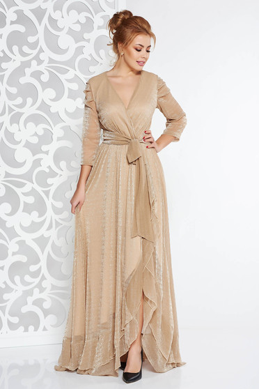 Rochie Artista crem de ocazie din material lucios cu fir lame captusita pe interior accesorizata cu cordon
