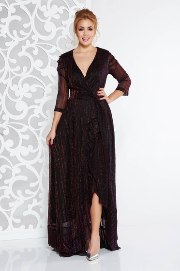 Rochie Artista mov de ocazie din material lucios cu fir lame captusita pe interior accesorizata cu cordon