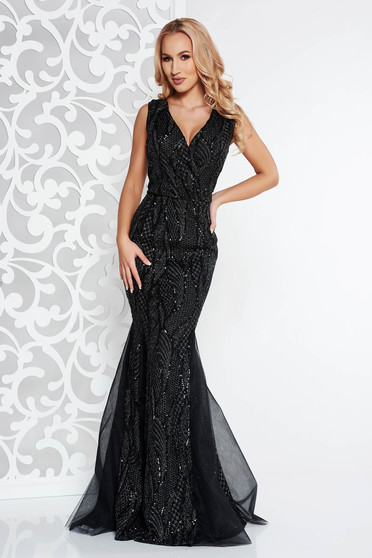 Rochie Artista neagra de ocazie tip sirena din paiete si tul captusita pe interior cu bust buretat