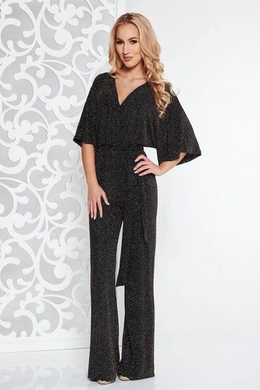 Salopeta neagra de party din material elastic cu aplicatii stralucitoare accesorizata cu cordon