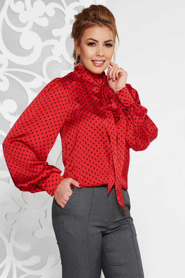 Bluza dama PrettyGirl rosie eleganta cu croi larg din material satinat cu maneci bufante si guler tip esarfa