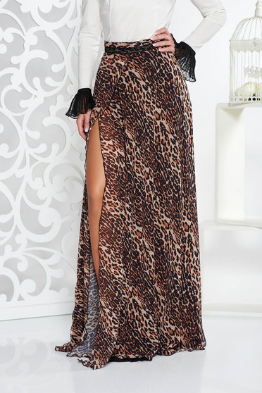 Fusta Fofy maro eleganta in clos cu talie inalta din voal cu animal print captusita pe interior