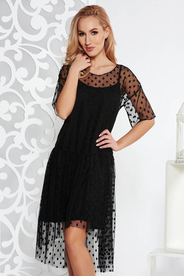 Rochie neagra de party cu croi larg din tul cu buline captusita pe interior