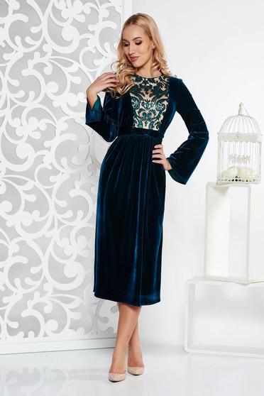 Rochie verde-inchis de ocazie midi in clos din catifea cu aplicatii cu paiete