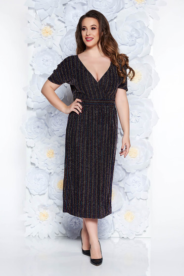 Rochie neagra de ocazie midi din material subtire cu aspect metalic captusita pe interior cu decolteu in v