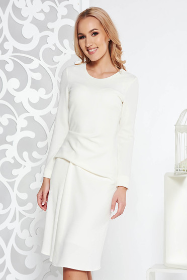 Rochie StarShinerS alba de zi midi in clos din material usor elastic captusita pe interior cu maneca lunga