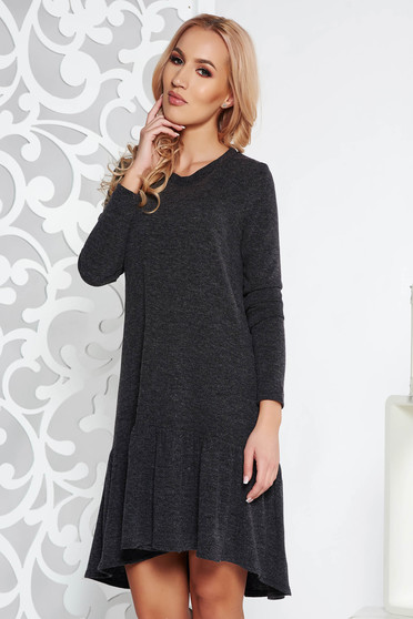 Rochie StarShinerS gri casual cu croi larg asimetrica din material tricotat cu volanase la baza
