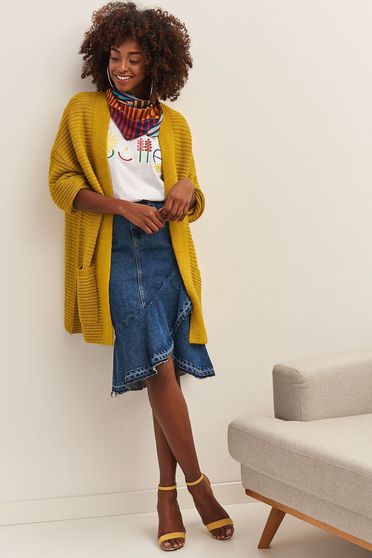 Cardigan Top Secret galben casual cu croi larg din material tricotat cu buzunare