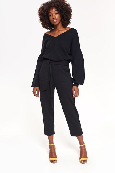 Pulover Top Secret negru casual cu croi larg din material fin la atingere cu decolteu in v