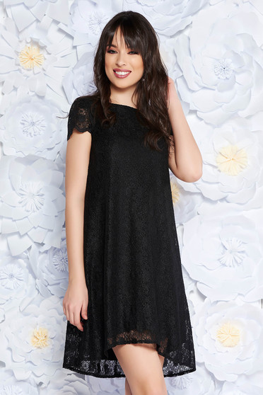 Rochie StarShinerS neagra eleganta cu croi larg din dantela captusita pe interior cu maneci scurte