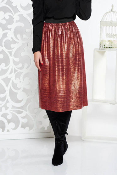 Fusta StarShinerS rosie casual midi in clos cu talie inalta din material lucios cu elastic in talie