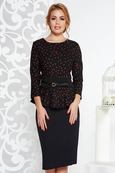 Rochie neagra eleganta tip creion cu peplum din stofa usor elastica cu accesoriu tip curea