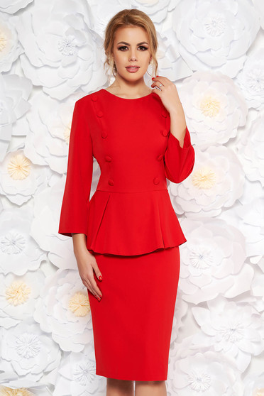 Rochie rosie office midi tip creion din stofa subtire usor elastica cu peplum