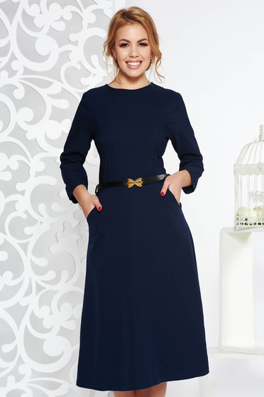 Rochie albastra-inchis office in clos din bumbac usor elastic cu buzunare cu accesoriu tip curea