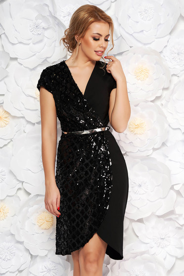 Rochie neagra de ocazie cu decolteu in v din bumbac usor elastic cu aplicatii cu paiete