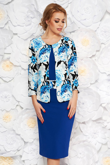 Rochie albastra eleganta midi tip creion din material usor elastic cu imprimeuri florale
