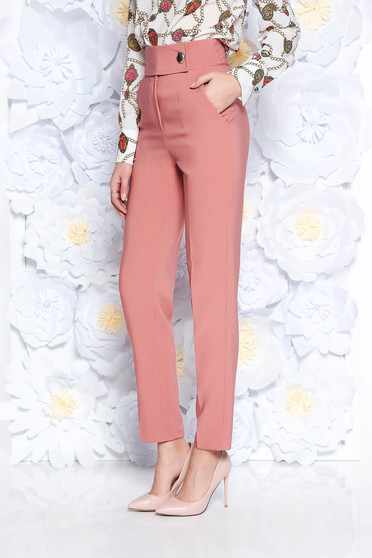 Pantaloni PrettyGirl corai office conici cu talie inalta din stofa usor elastica cu buzunare