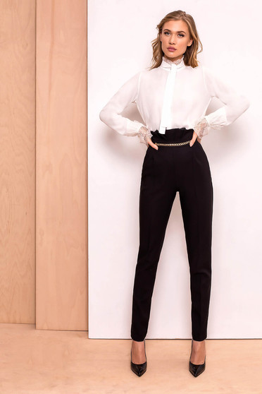 Pantaloni PrettyGirl negri eleganti cu talie inalta din stofa usor elastica cu aplicatii metalice aurii