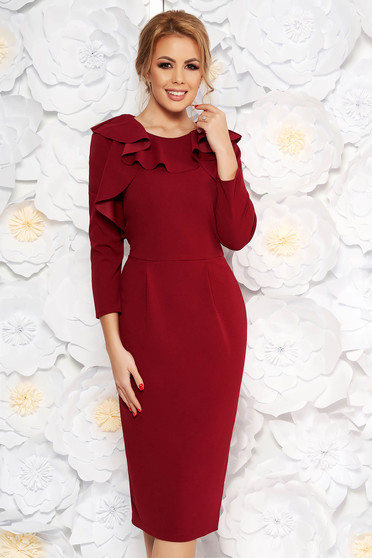 Rochie StarShinerS visinie office midi tip creion din material usor elastic captusita pe interior cu volanase