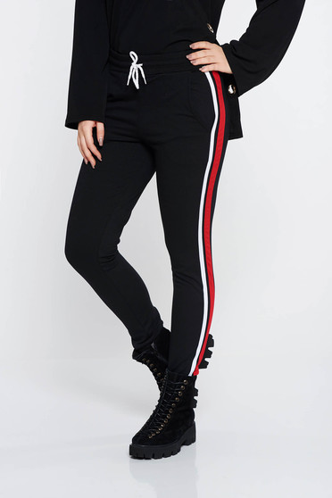Pantaloni SunShine negri sport cu buzunare cu talie medie din bumbac usor elastic cu elastic in talie
