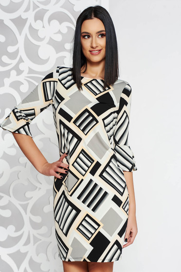 Rochie StarShinerS gri scurta cu un croi mulat cu maneci trei-sferturi din material subtire cu imprimeu geometric