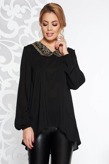 Bluza dama StarShinerS neagra eleganta cu croi larg asimetrica din voal cu guler rotunjit cu insertii de broderie