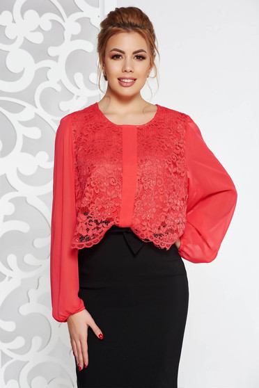 Bluza dama corai eleganta din voal cu croi larg suprapunere cu dantela