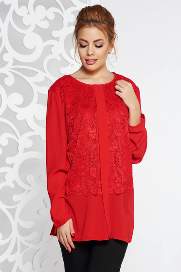 Bluza dama rosie eleganta din voal cu croi larg suprapunere cu dantela