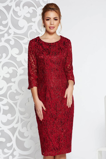 Rochie visinie de ocazie tip creion cu maneca 3/4 din dantela captusita pe interior