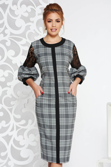 Rochie gri eleganta midi din stofa neelastica din material vaporos cu aplicatii de dantela cu buzunare