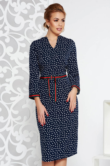 Rochie albastra-inchis eleganta din stofa usor elastica cu buline cu decolteu in v