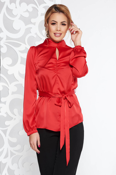Bluza dama StarShinerS rosie cu croi larg din material satinat accesorizata cu cordon