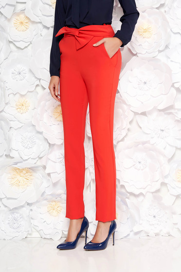Pantaloni LaDonna corai office cu talie inalta din stofa usor elastica cu buzunare