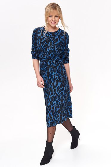Rochie Top Secret albastra de zi midi croi in clos cu elastic in talie din material vaporos animal print