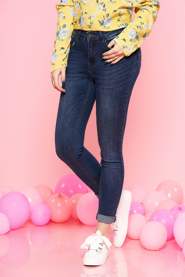 Blugi Top Secret albastri casual cu talie medie din bumbac usor elastic cu buzunare