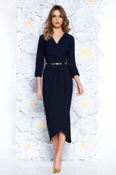 Rochie albastra-inchis eleganta din stofa subtire usor elastica captusita pe interior cu accesoriu tip curea