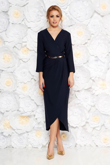 Rochie albastra-inchis eleganta din stofa subtire usor elastica captusita pe interior cu accesoriu tip curea