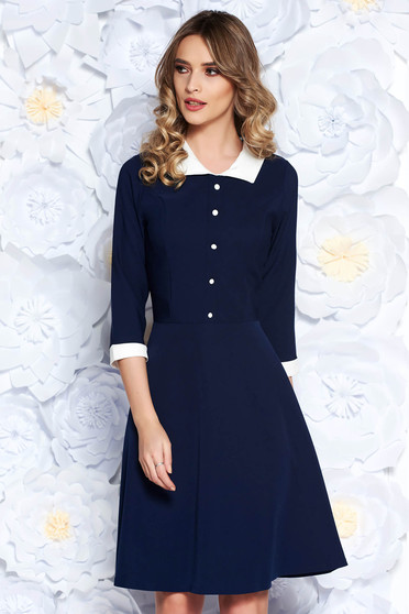 Rochie albastra-inchis office midi in clos din stofa subtire usor elastica captusita pe interior cu guler
