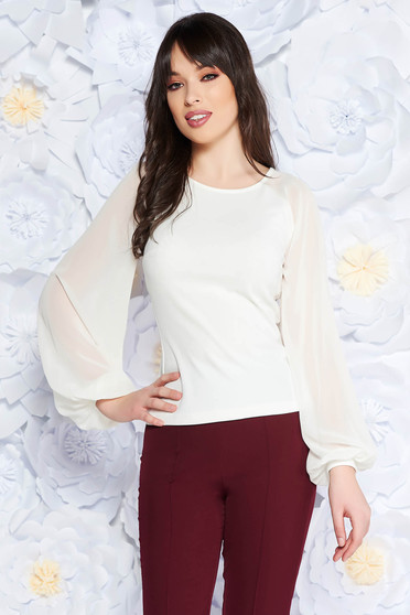 Bluza dama StarShinerS alba eleganta cu un croi mulat din material usor elastic cu maneci din voal