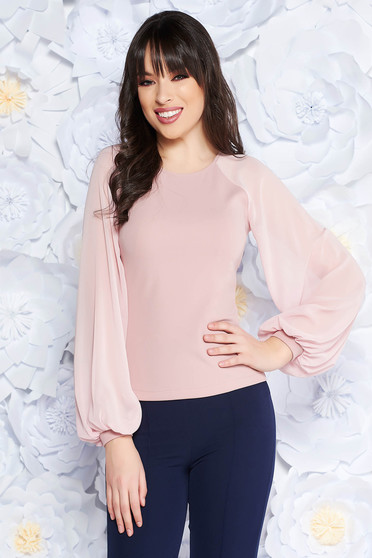 Bluza dama StarShinerS roz eleganta cu un croi mulat din material usor elastic cu maneci din voal