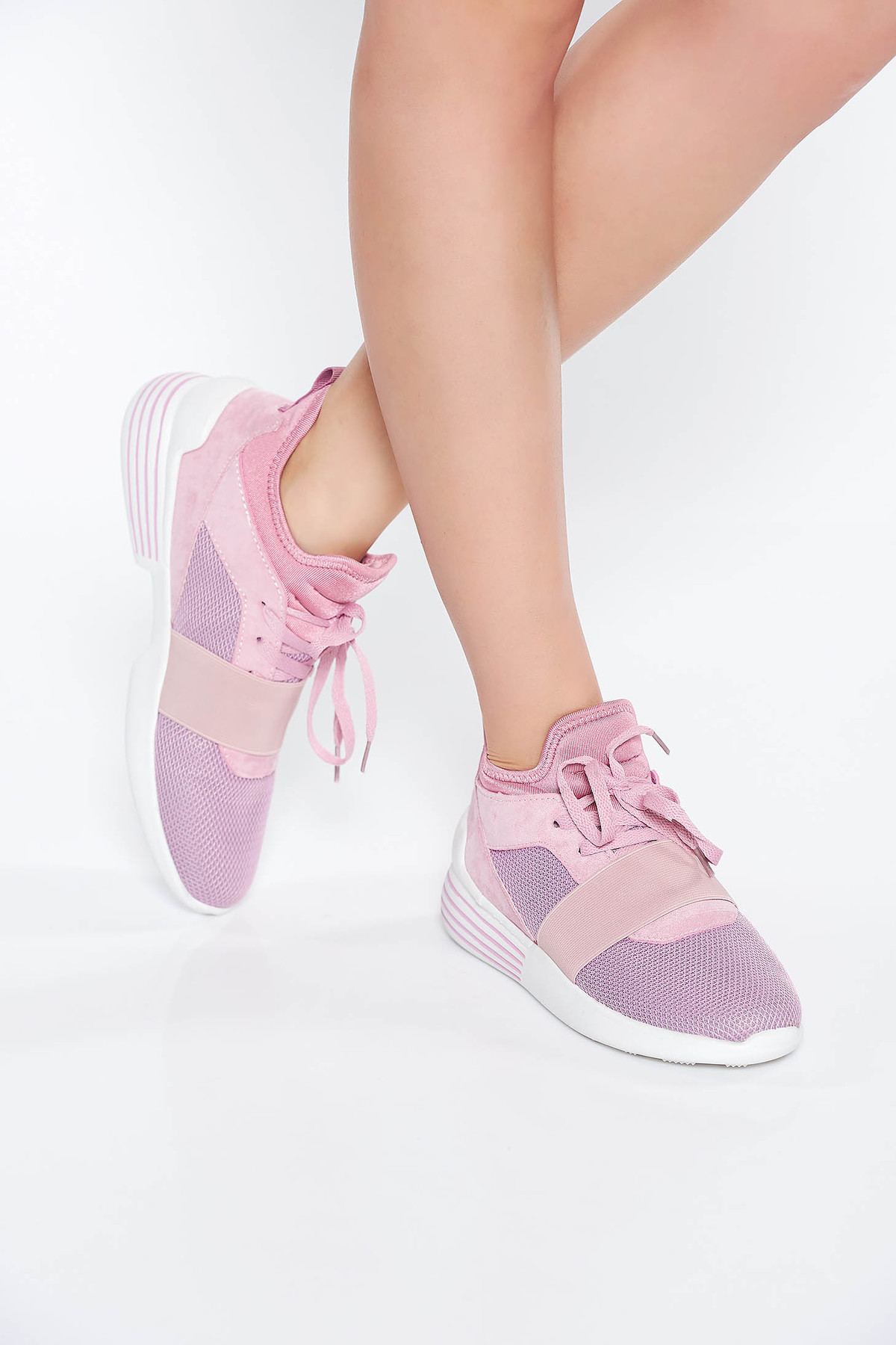 Pantofi sport roz casual cu talpa joasa cu siret