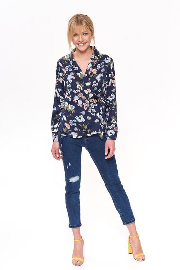 Bluza dama Top Secret albastra-inchis casual cu croi larg cu decolteu in v din material satinat cu imprimeuri florale