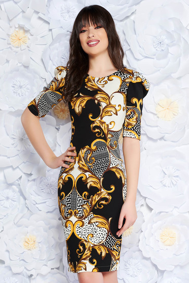 Rochie StarShinerS neagra de zi midi cu un croi mulat din scuba cu print