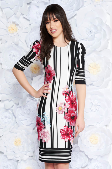 Rochie StarShinerS neagra de zi midi cu un croi mulat din scuba cu print