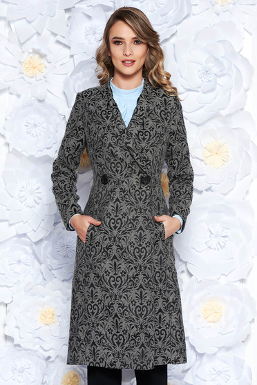 Trench LaDonna gri elegant cambrat din stofa usor elastica captusit pe interior cu model in relief