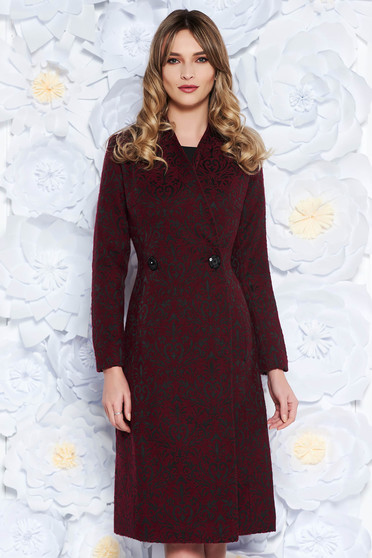 Trench LaDonna visiniu elegant cambrat din stofa usor elastica captusit pe interior cu model in relief