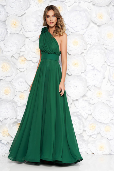 Rochie Ana Radu verde de lux pe umar din voal accesorizata cu cordon