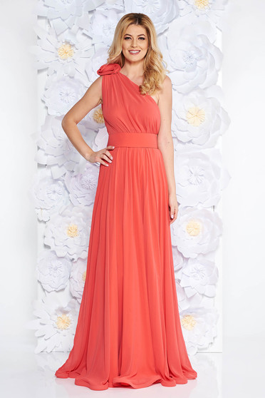 Rochie Ana Radu portocalie de lux pe umar din voal accesorizata cu cordon